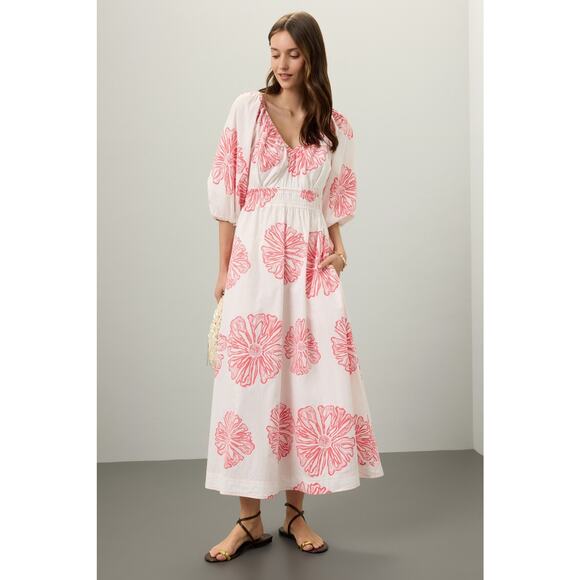 MARIE OLIVER Pink Floral 100% Cotton Ava V-Neck 3/4 Sleeve Maxi Dress Size M